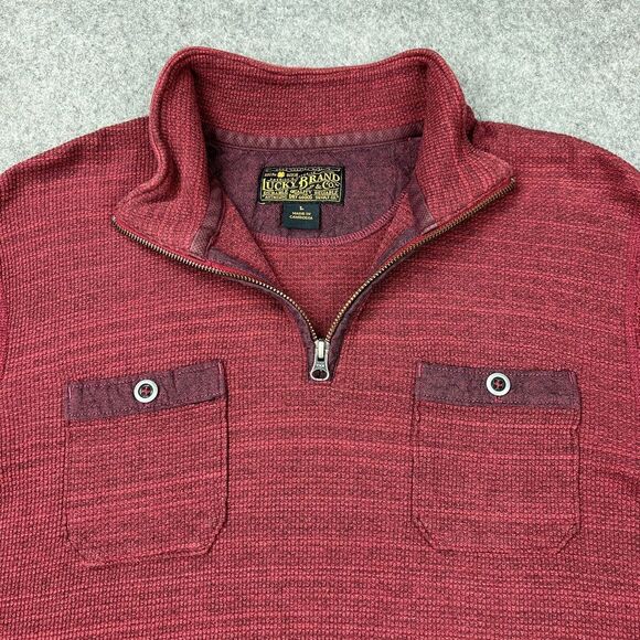 Lucky Brand Sweater Mens Large Red Thermal 1/4 Zip Mock Neck Pullover Pockets - Picture 3 of 13